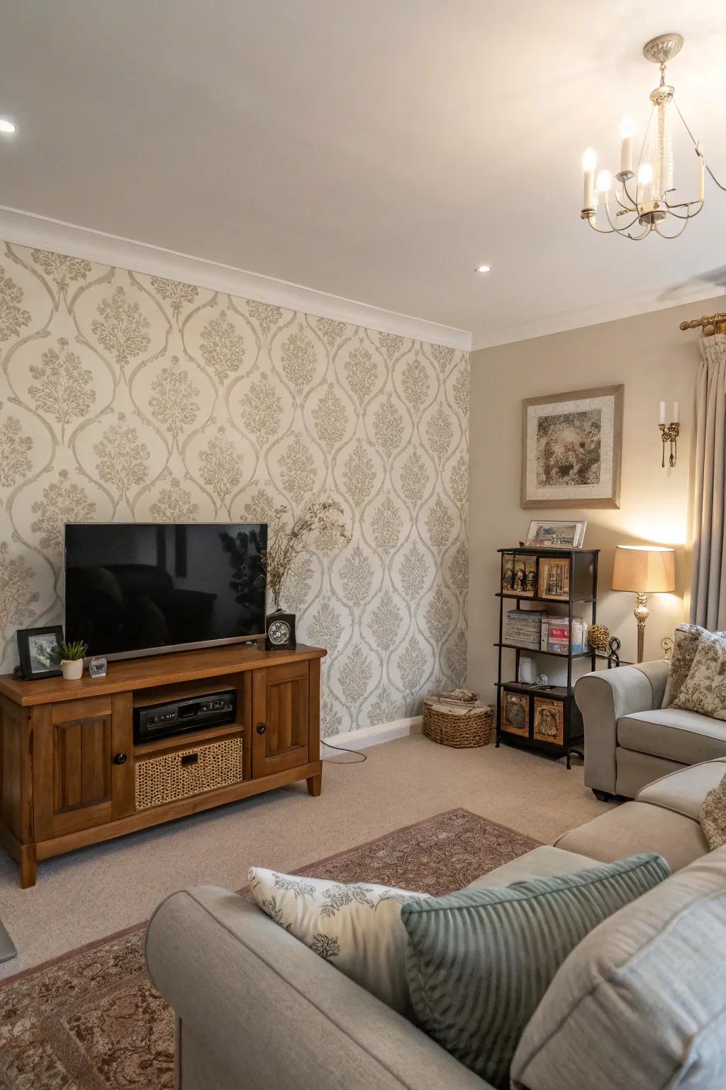 Selective wallcoverings adding depth to the living room.