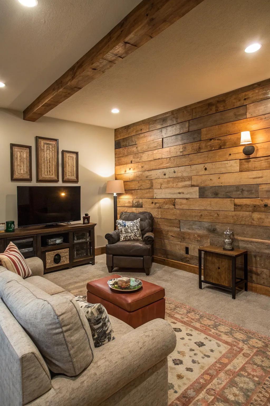 Reclaimed wood panels offer character and sustainability to your feature wall.