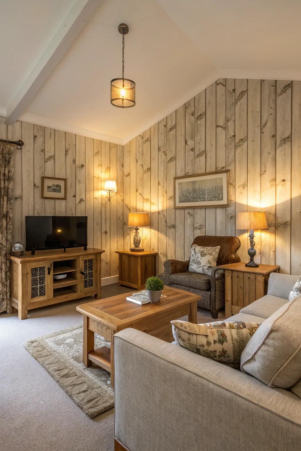 Wall coverings with a wood look add warmth and organic charm.