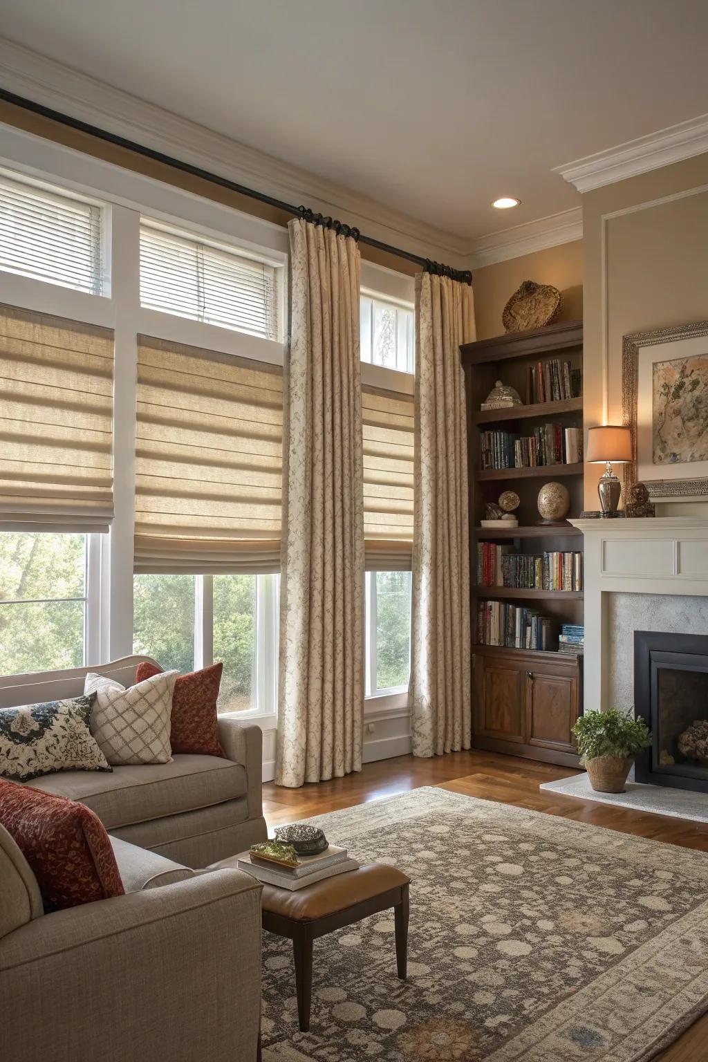 Layered window finishes contributing depth and versatility.