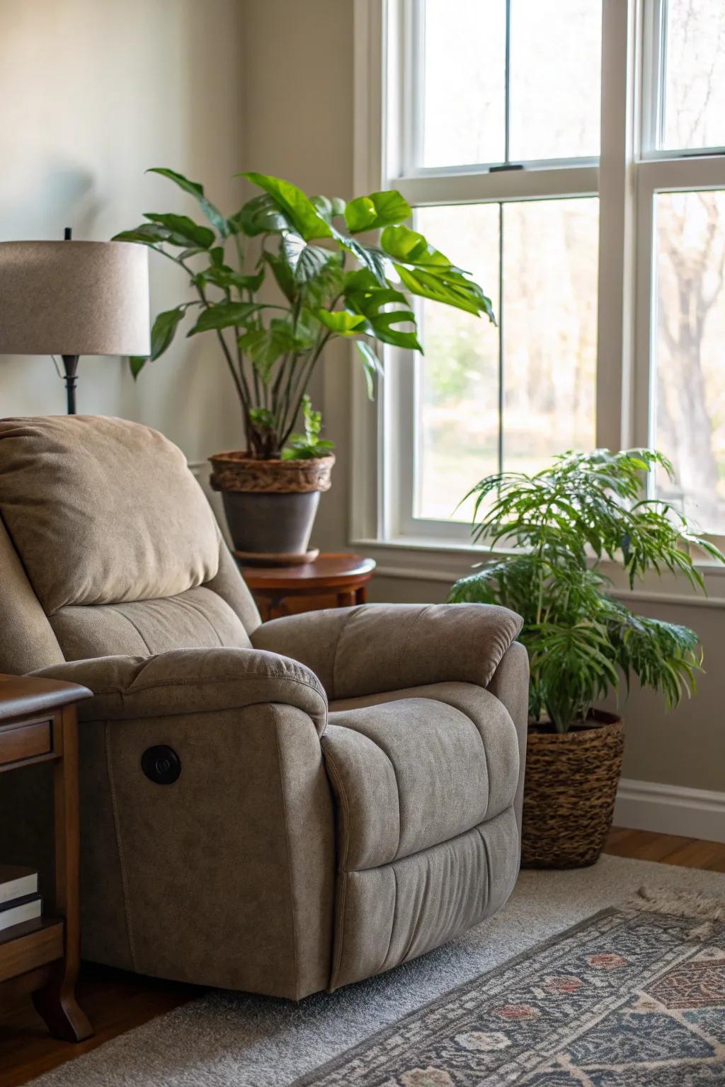 A stimulating living room design with a recliner complemented by green plants.