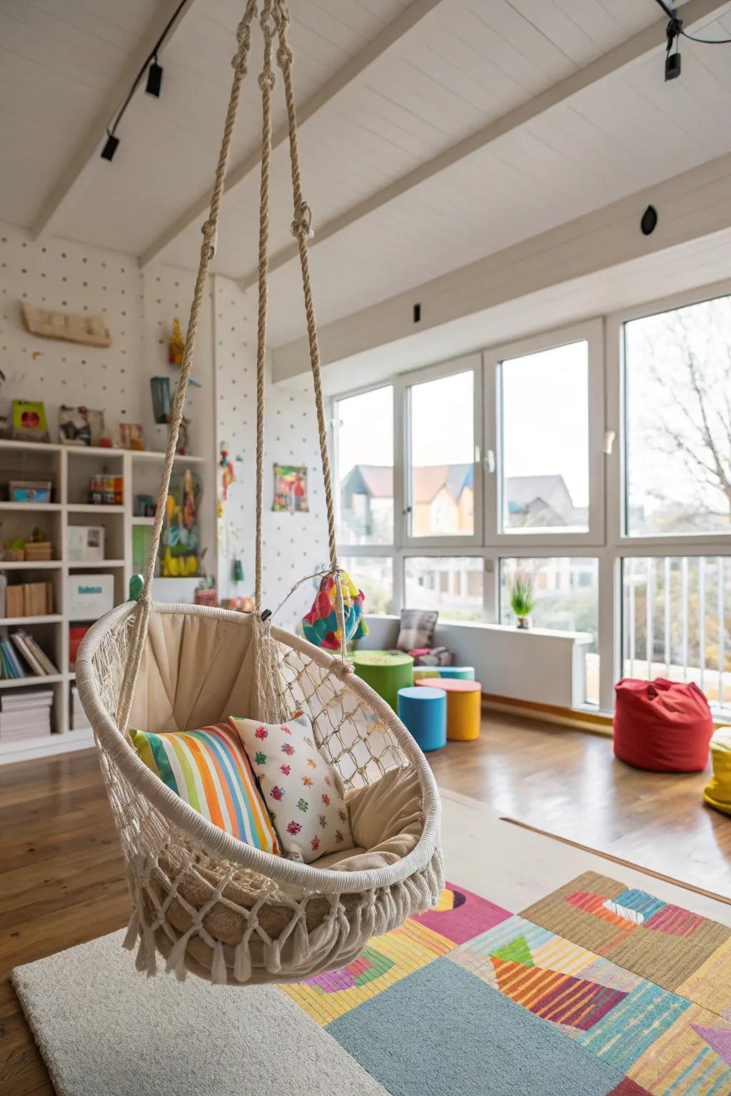 A swinging seat adds a playful element to the seating area.