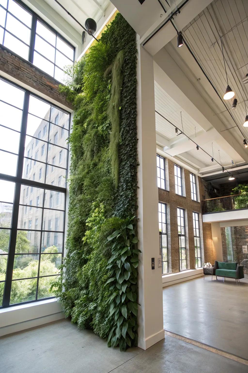 A vertical garden introducing a lush, natural element to a loft space.