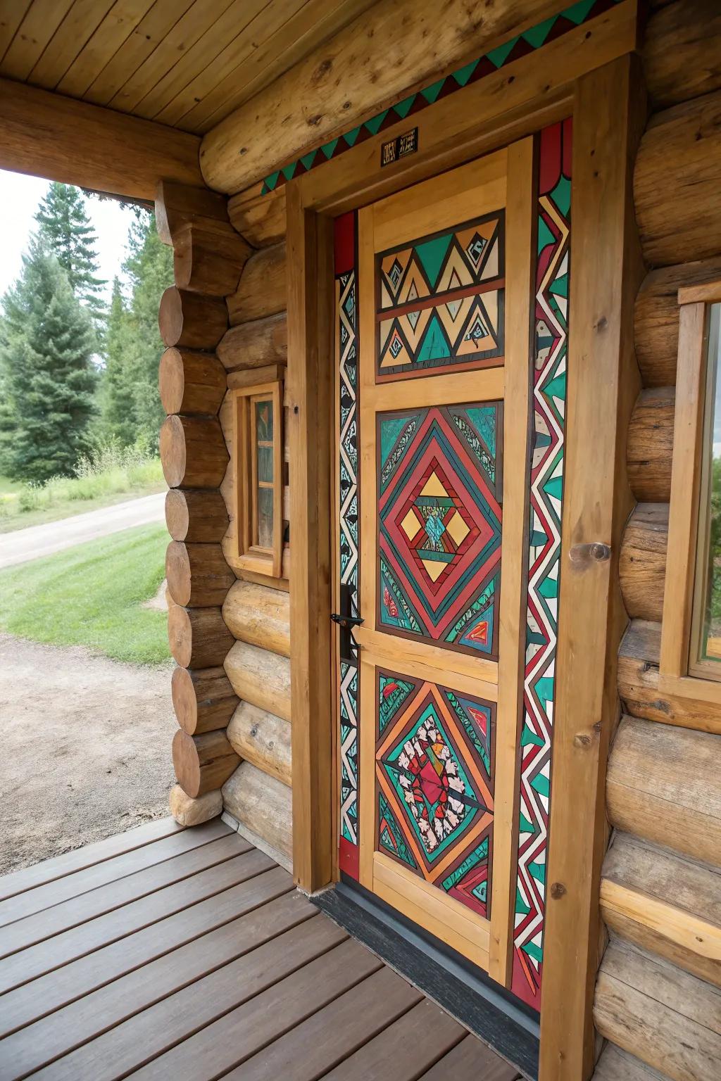 A log cabin doorway featuring striking geometric motifs.