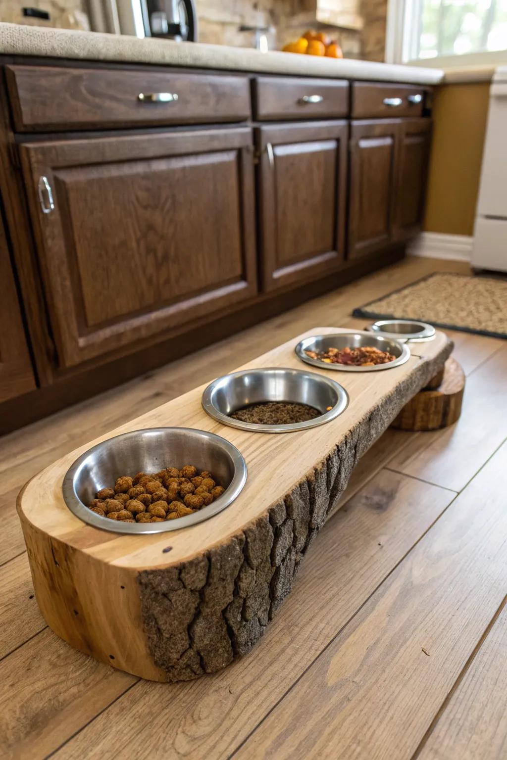 A wooden log pet bowl holder presenting a rustic note.