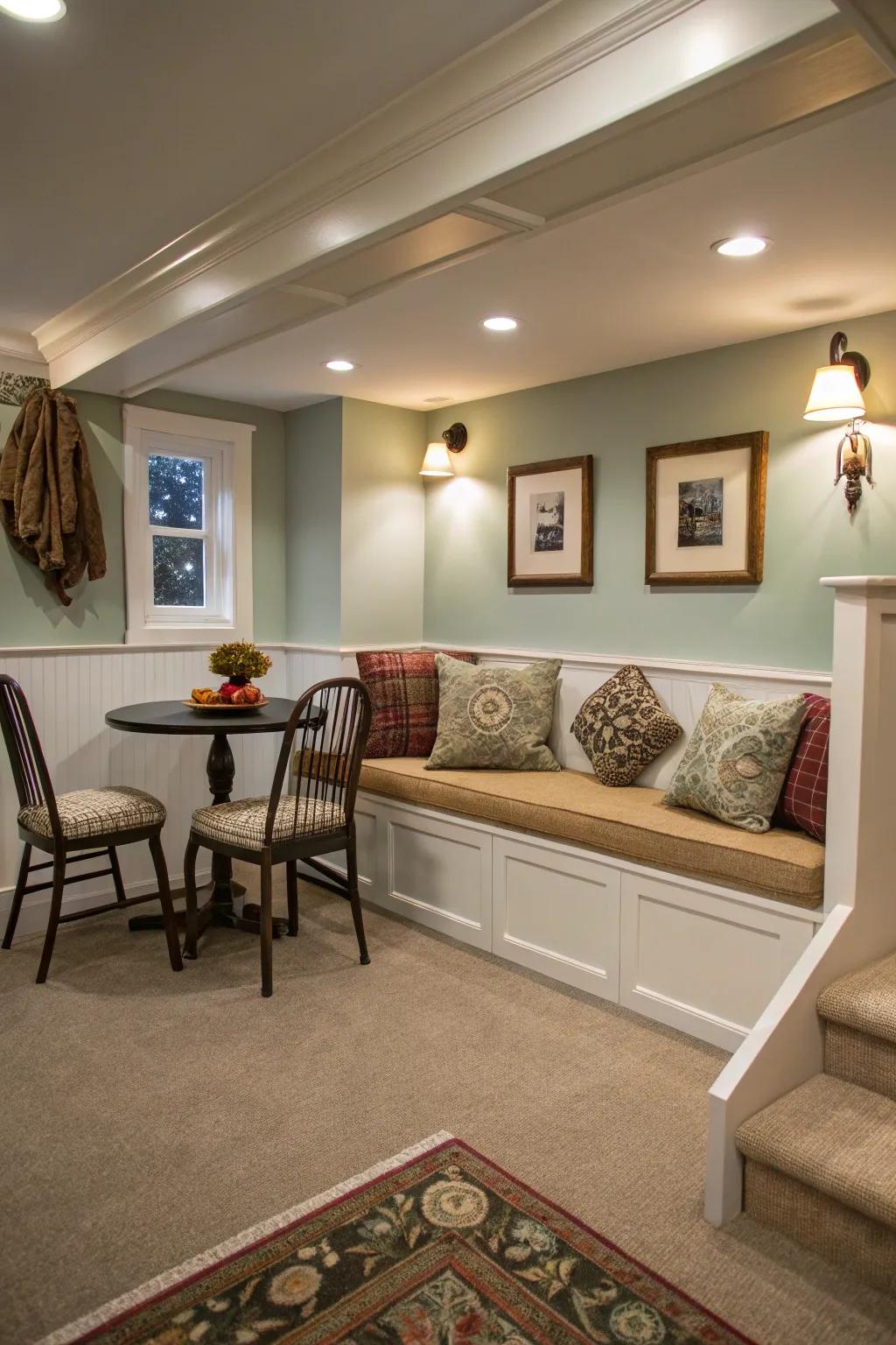 A built-in seating nook optimizes space while adding extra storage.
