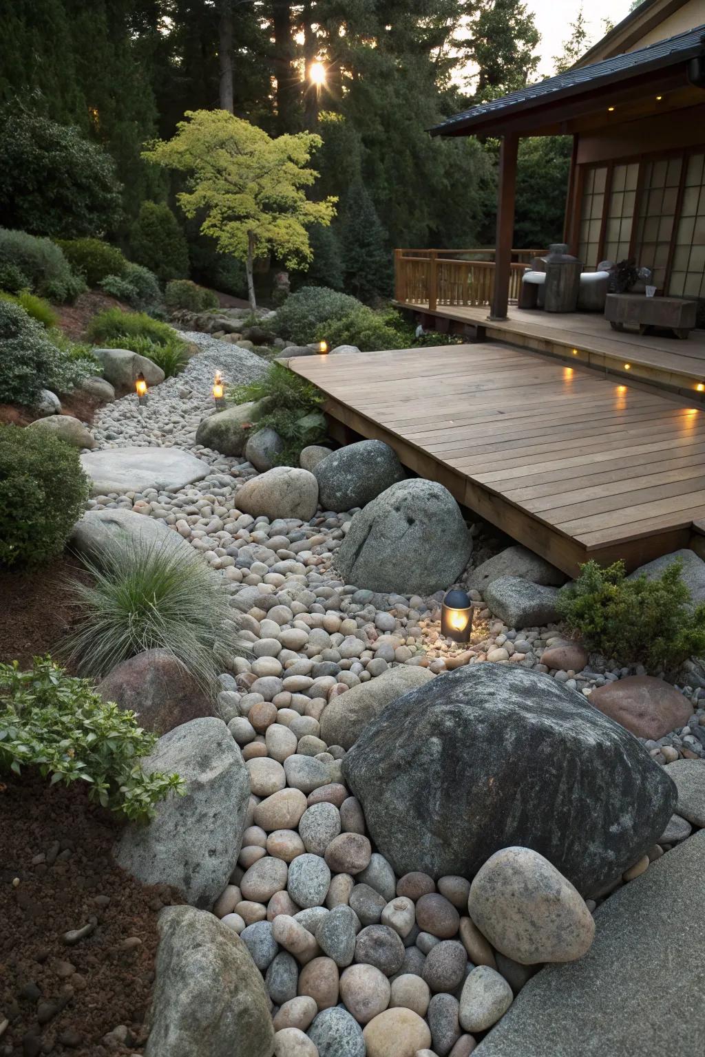 A rock yard showcasing a spectrum of stones encircling a deck.
