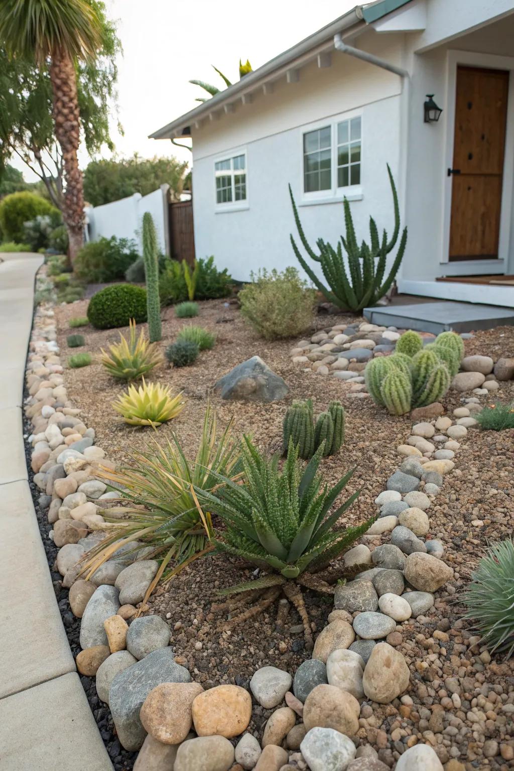 Consider river stones as a fashionable and sustainable lawn alternative.