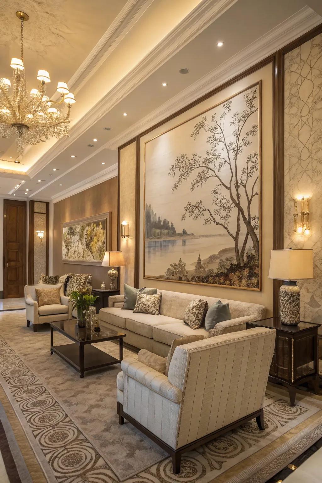 Large-scale wall art crafts a stunning focal point in this living room.