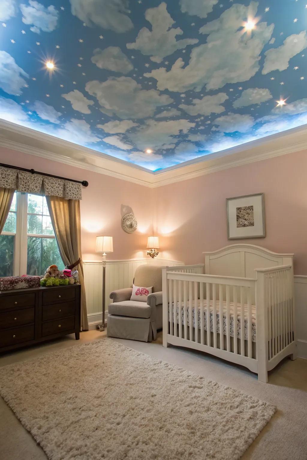 A nursery with a beautiful ceiling that has a sky design for a fun touch.