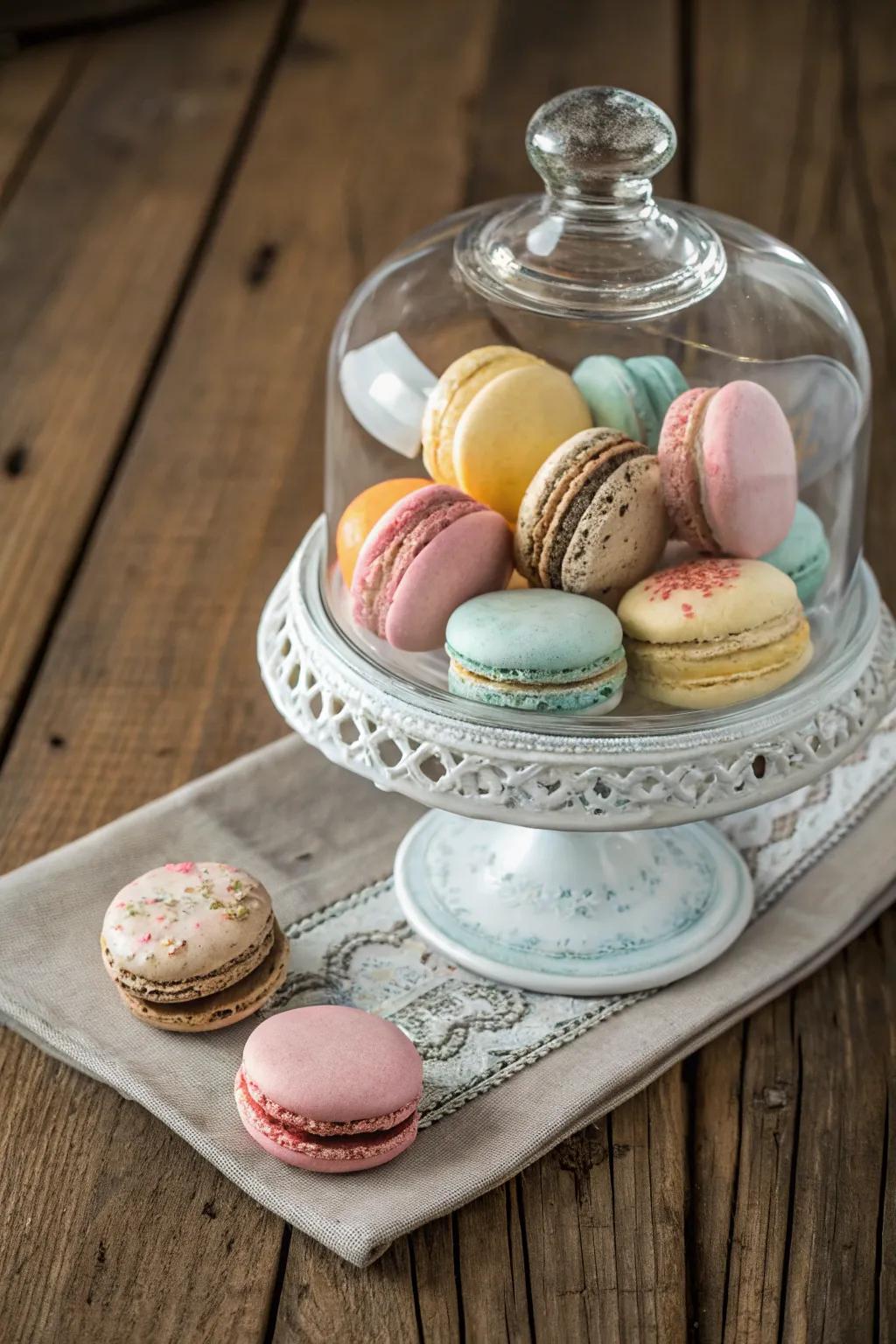 Macarons exhibited beneath a glass enclosure.