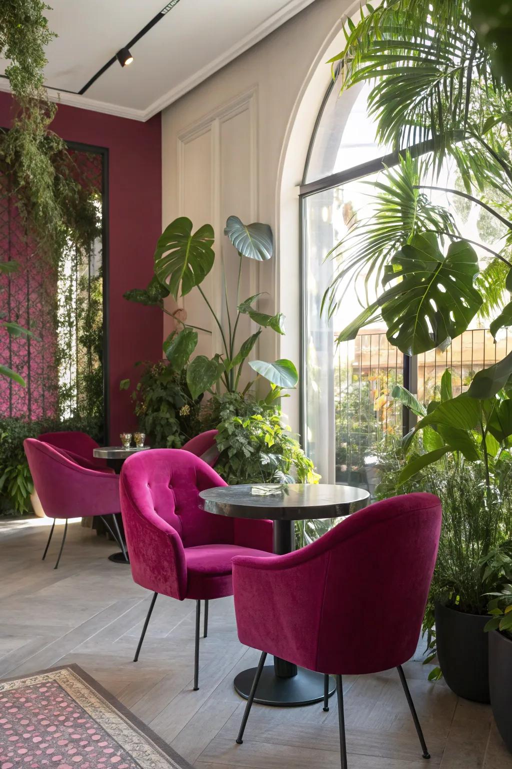 Fuchsia and verdant make a refreshing and vibrant combination in this inviting space.