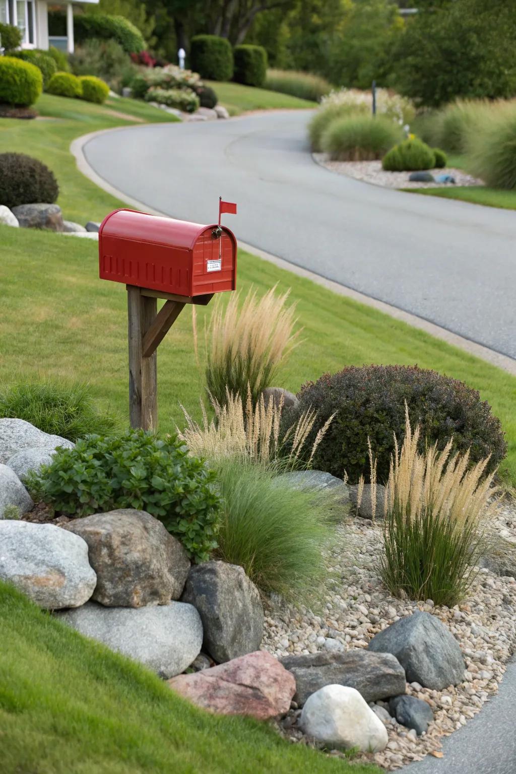 Ornamental grasses and rocks provide a structured and natural look.