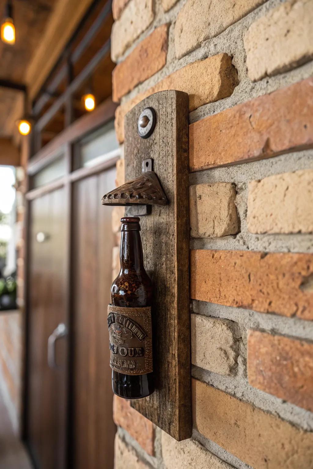 A wall-mounted bottle opener adds convenience with style.