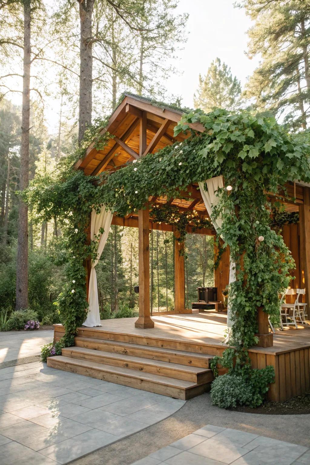 Bountiful greenery and wood features fashion a nature-inspired mandap.