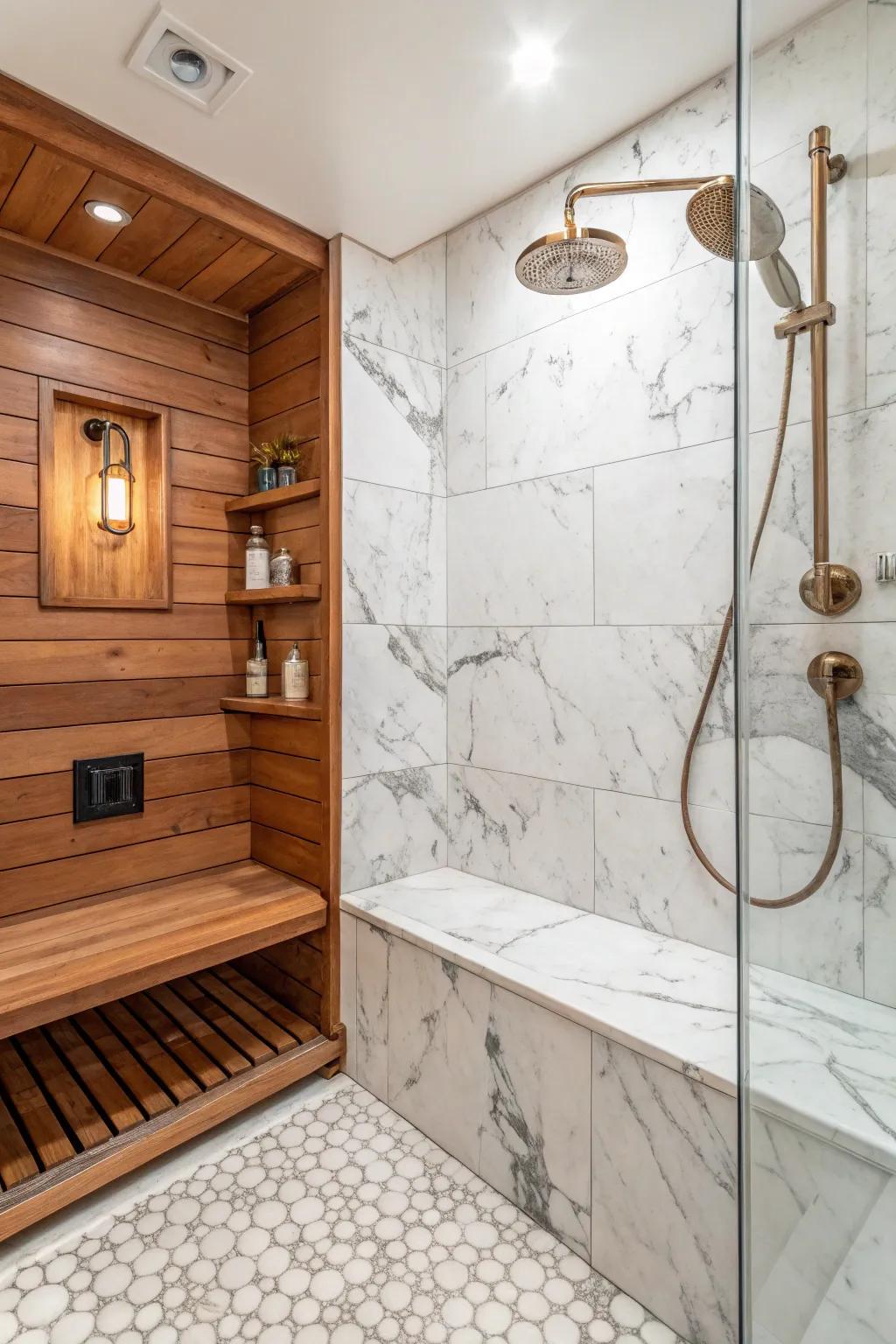 Wood accents add warmth to marble's cool elegance.