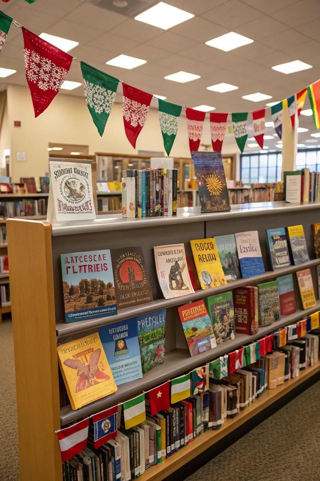 A display celebrating diversity through books from various cultures.