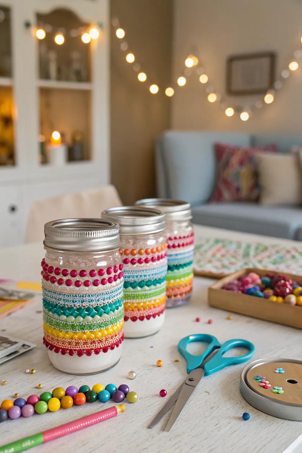 Playful boho preserving-style jars with bead decorations.