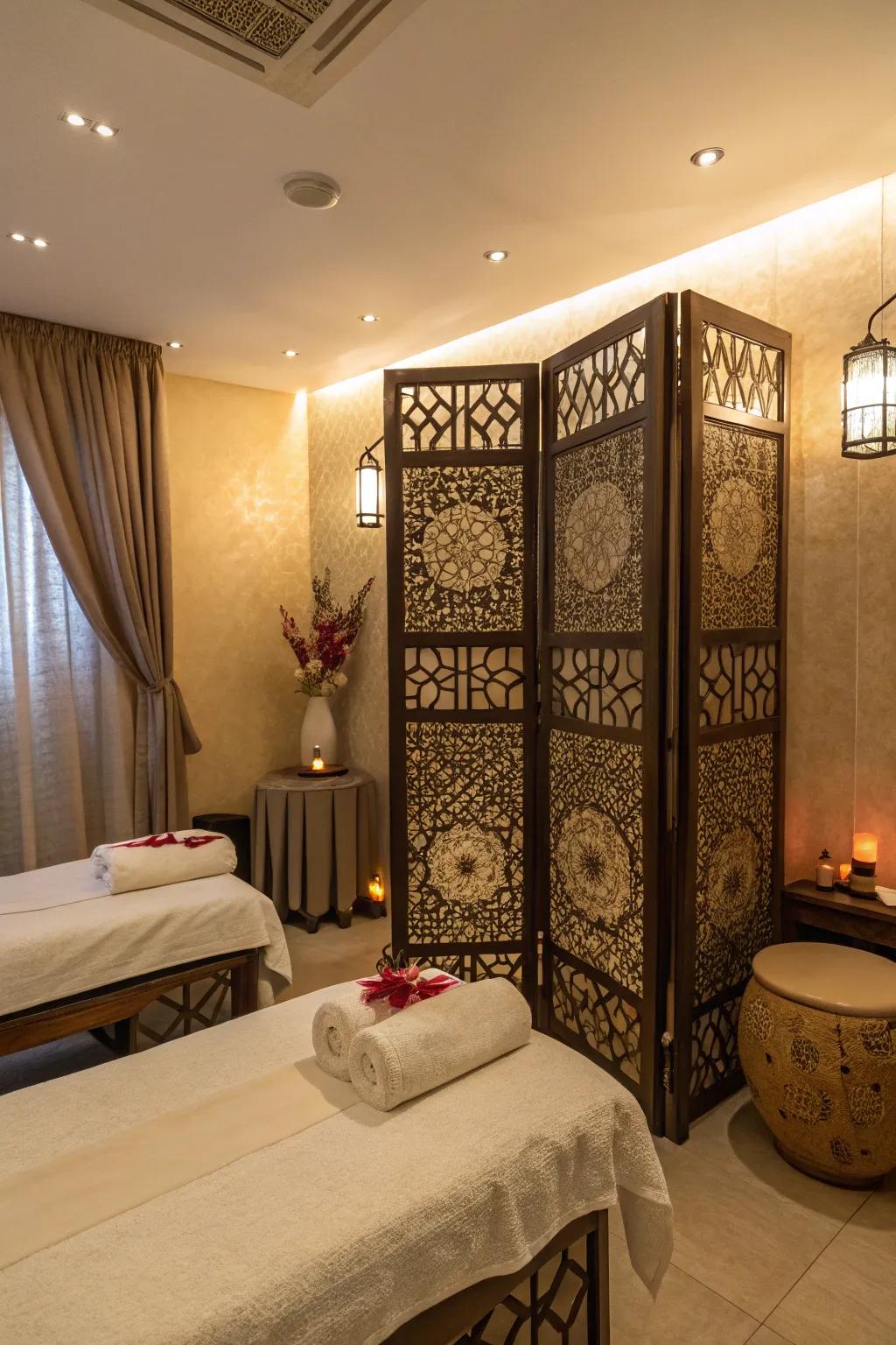 A massage room using folding screens for added privacy and style.