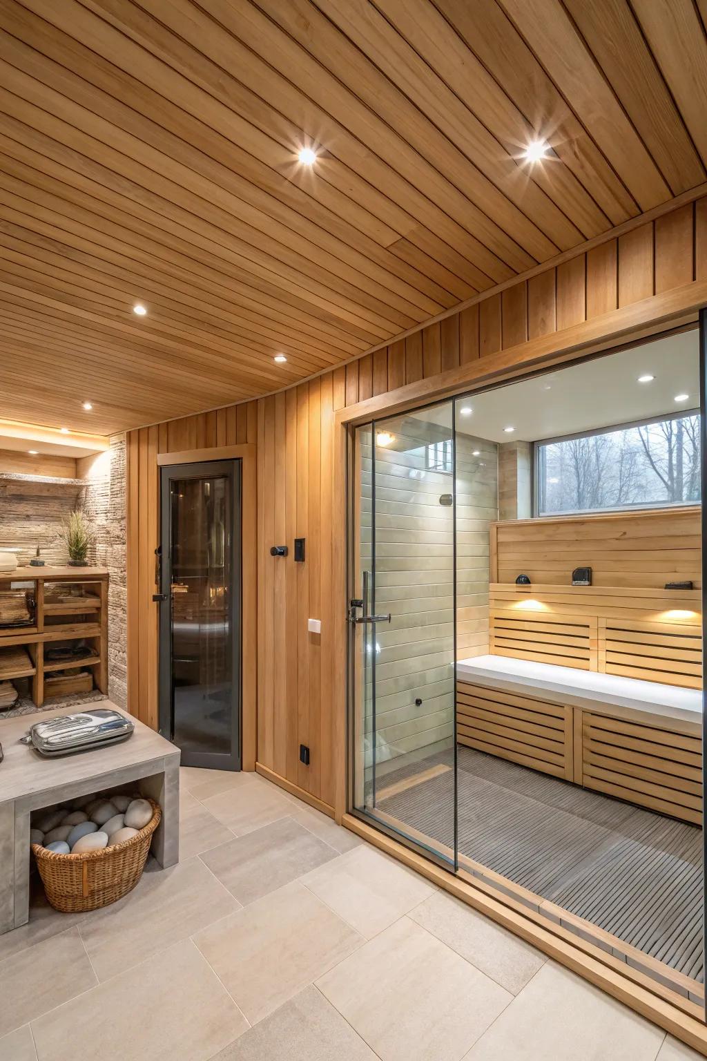 An integrated sauna transforms this primary bathroom into a personal spa sanctuary.