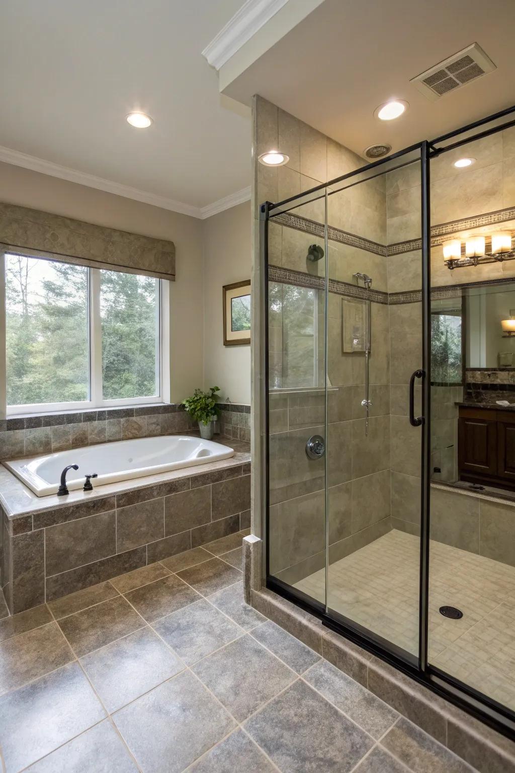 An open and contemporary bathroom design is enhanced by unframed crystal entrances.