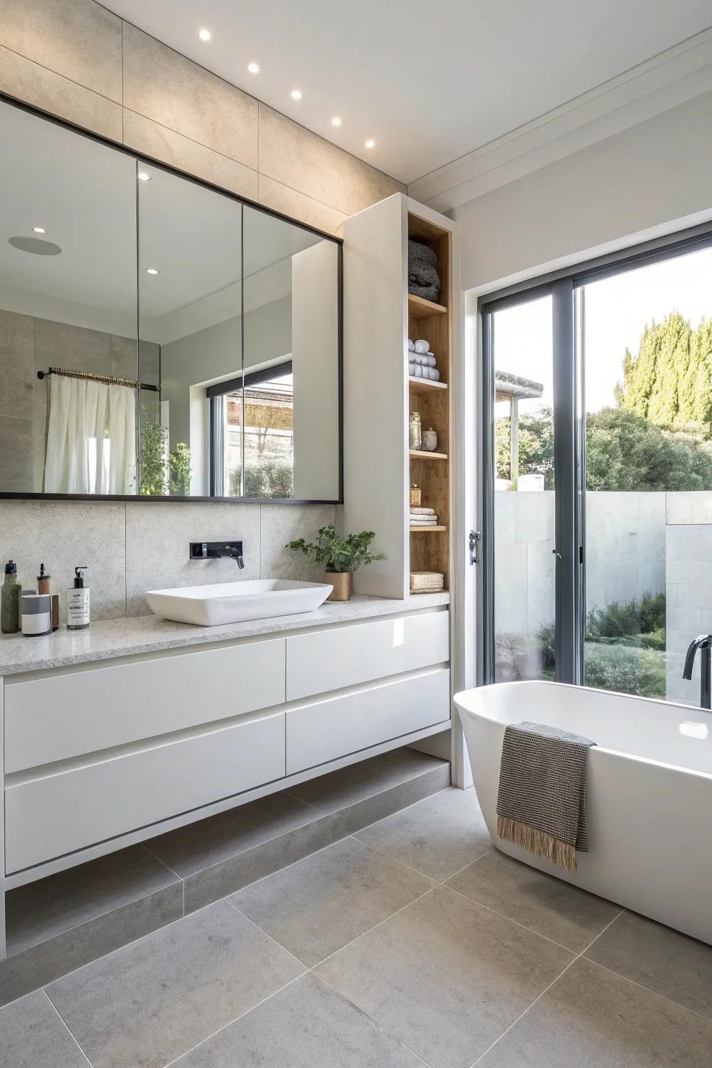 Sleek and airy design is provided by suspended cabinetry.