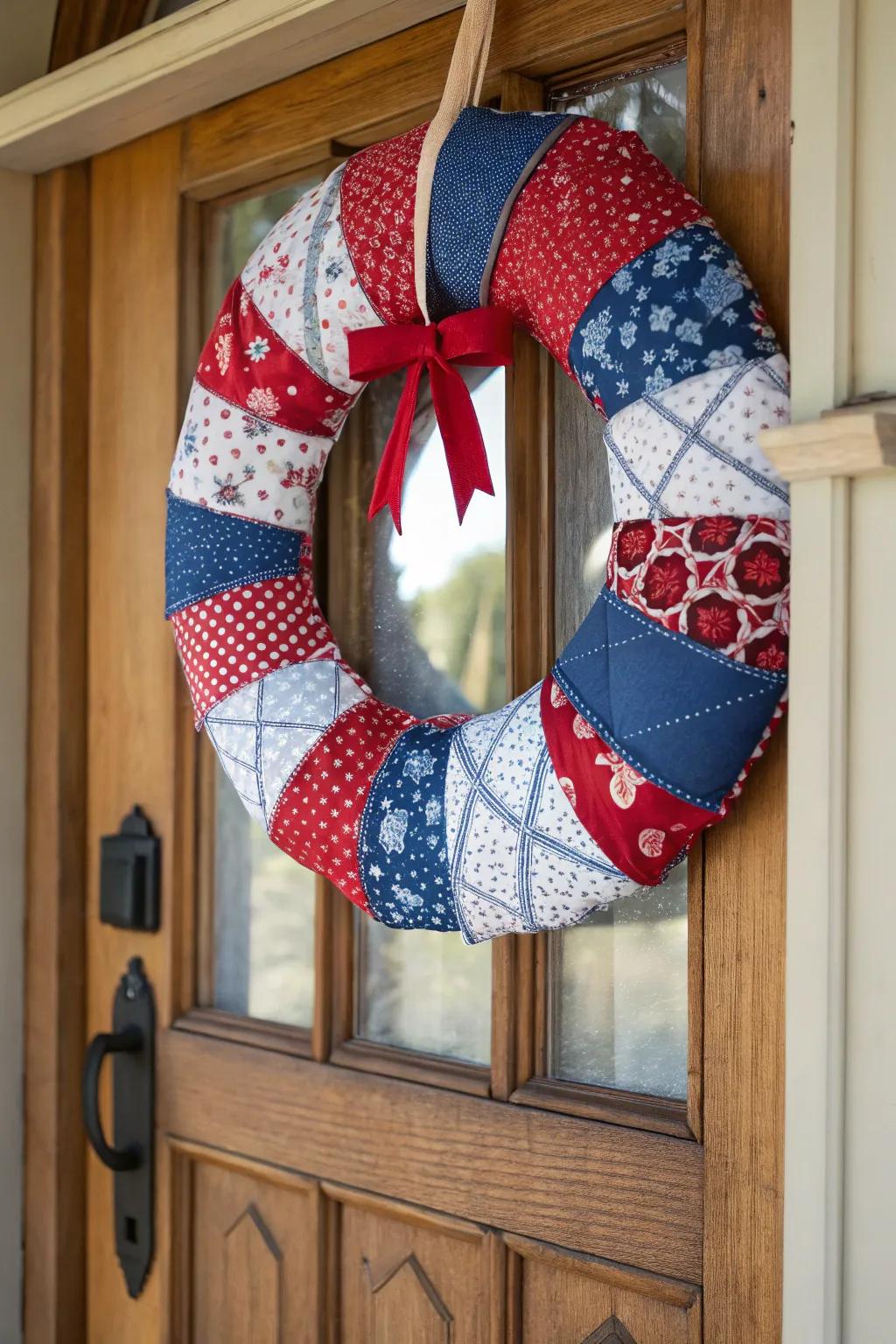 A vintage charm with a quilted material wreath.