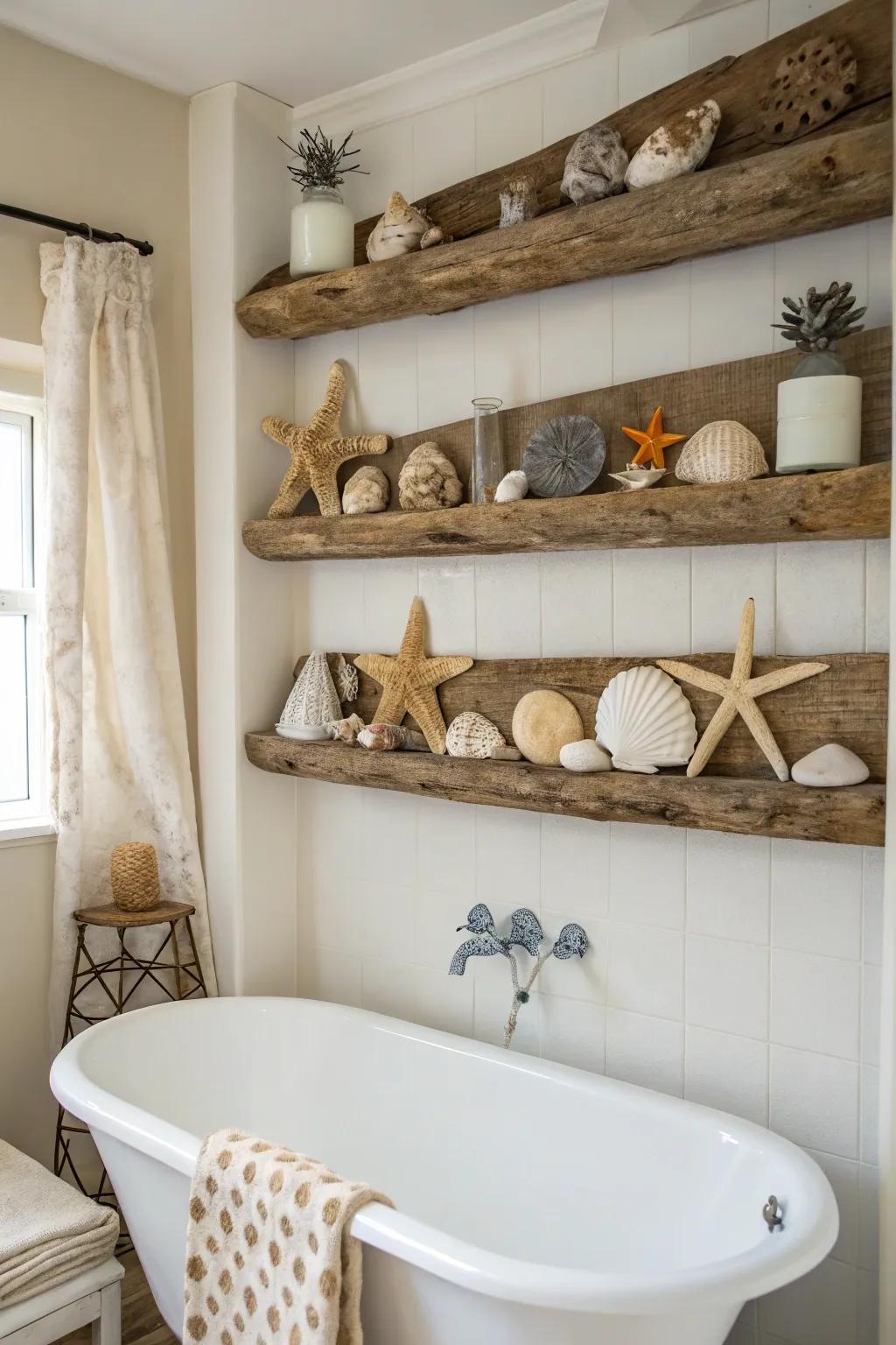 Driftwood ledges merge rustic charm with coastal refinement.
