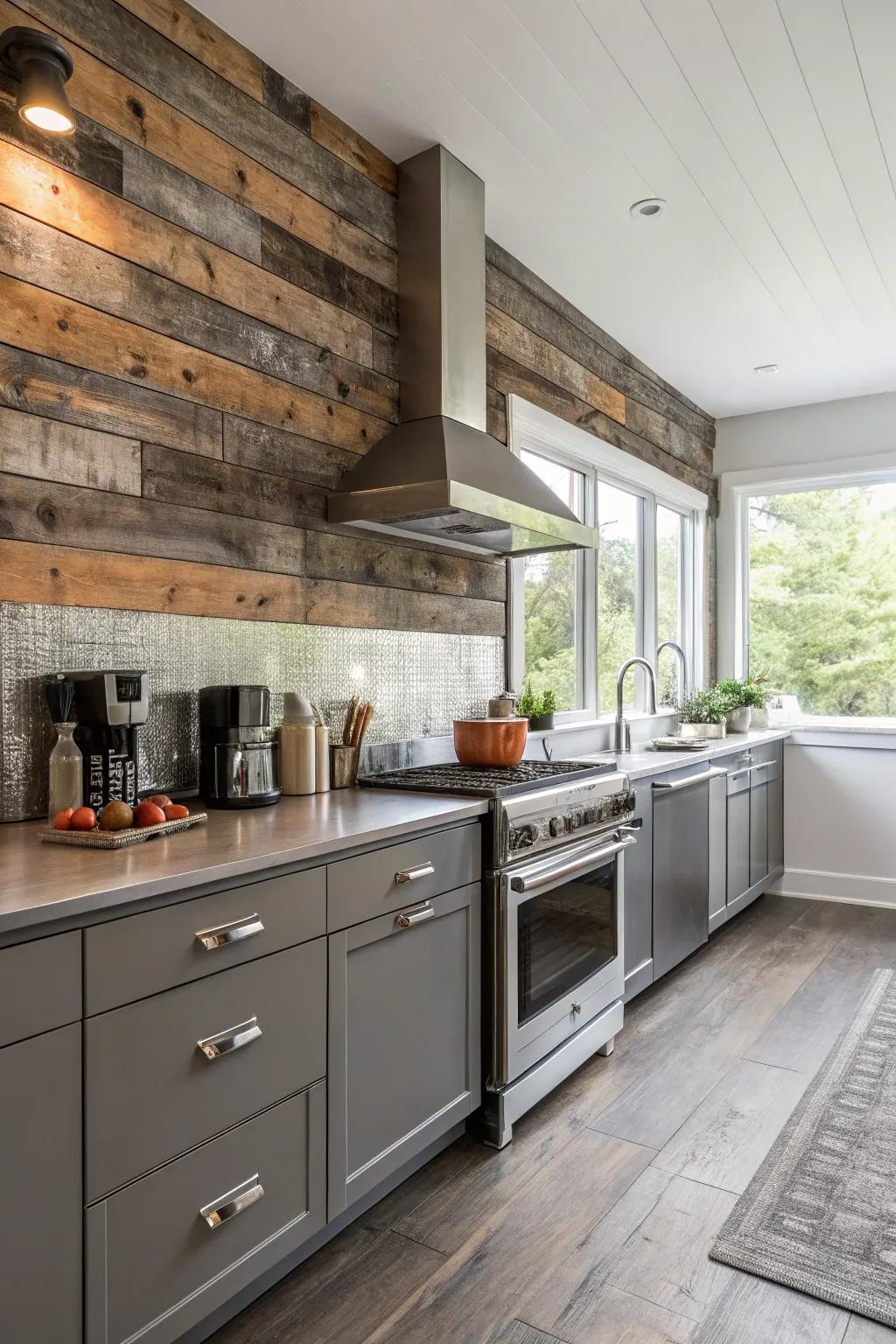 A kitchen featuring a modern metallic and weathered wood backsplash.