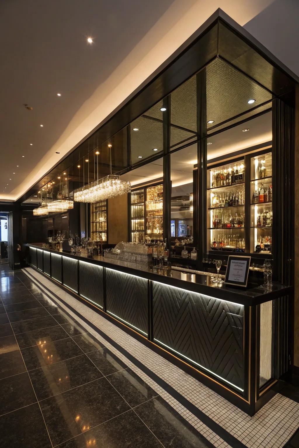 Mirrors and lighting enhance the perceived space of the mini bar.