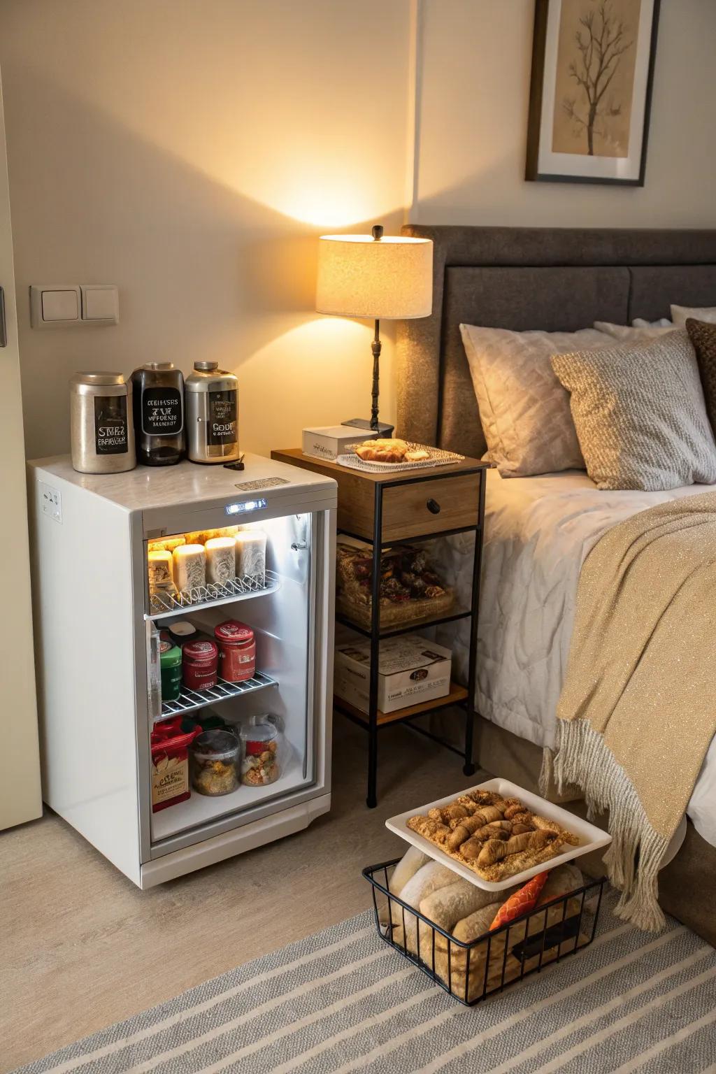 A small refrigerator in a bedroom devoted to keeping pet treats fresh.