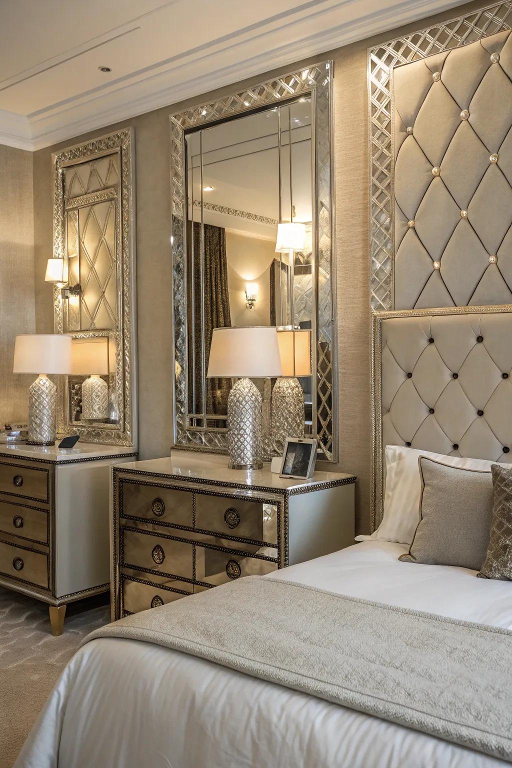 Metallic hints on mirrors add a luxurious sparkle.