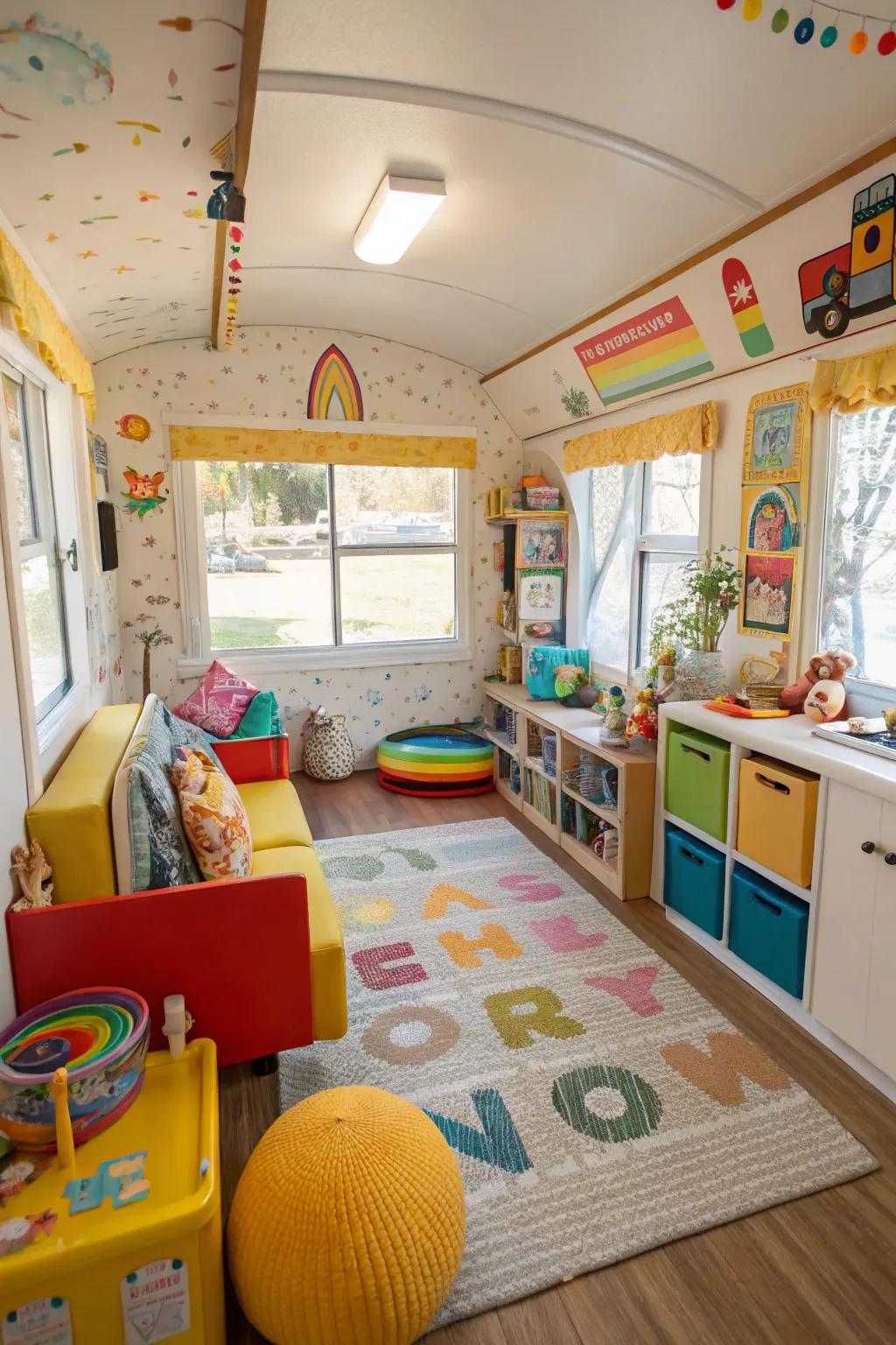 A vibrant children's recreation area featuring toys and colorful decor, fashioning an amusing environment.