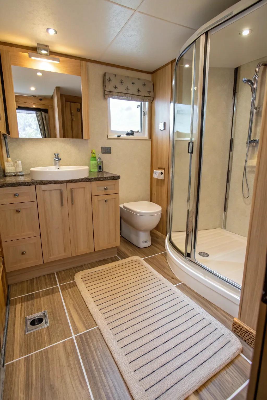 Heated flooring offers a luxurious and cozy touch to this bathroom.