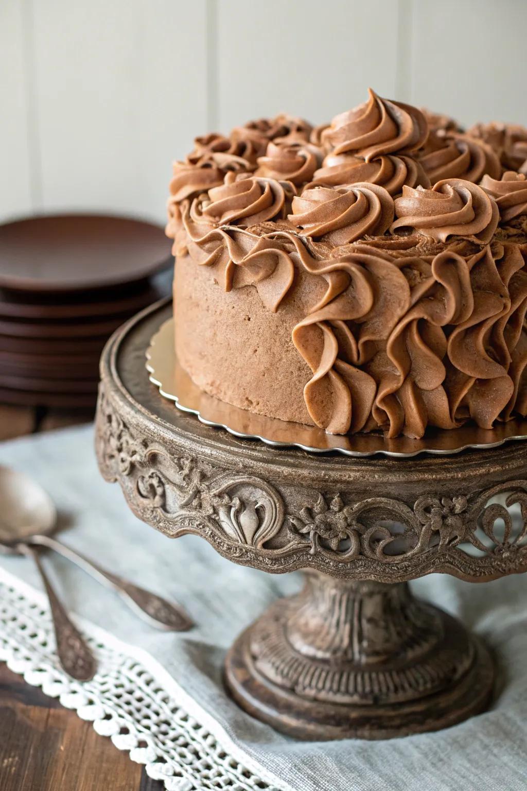 Mocha buttercream undulations introduce a romantic touch to the cake.