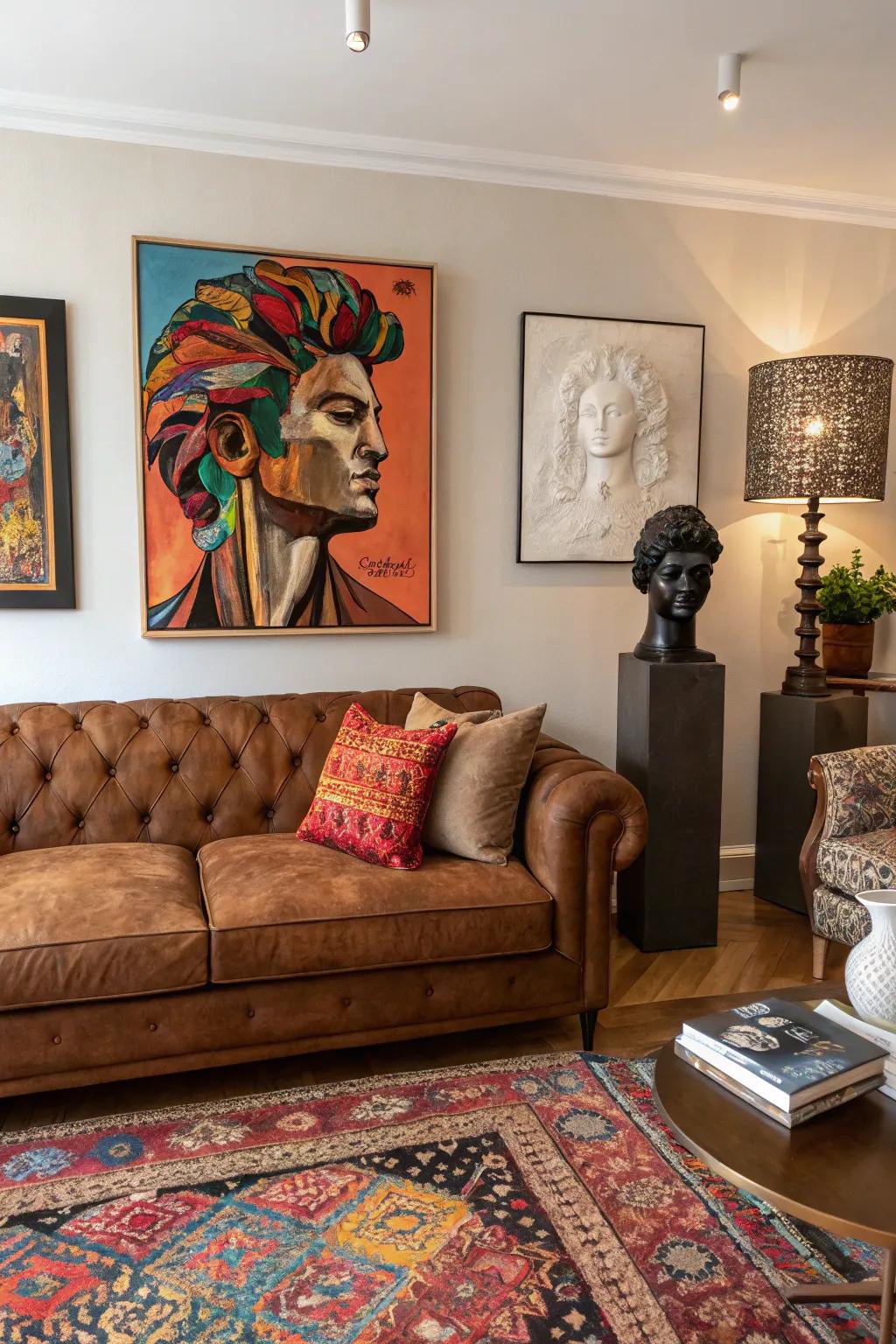 Artistic components transform the chocolate-brown sofa area into a personal exhibit.