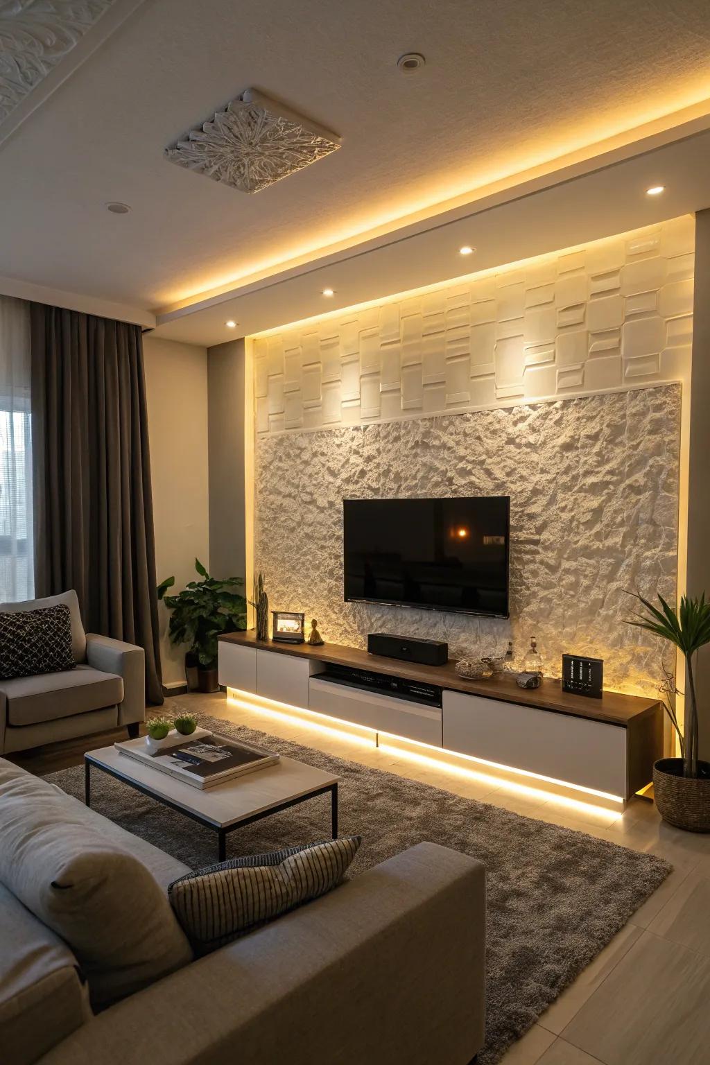 Illuminated boards add a warm, dramatic glow to the TV wall.
