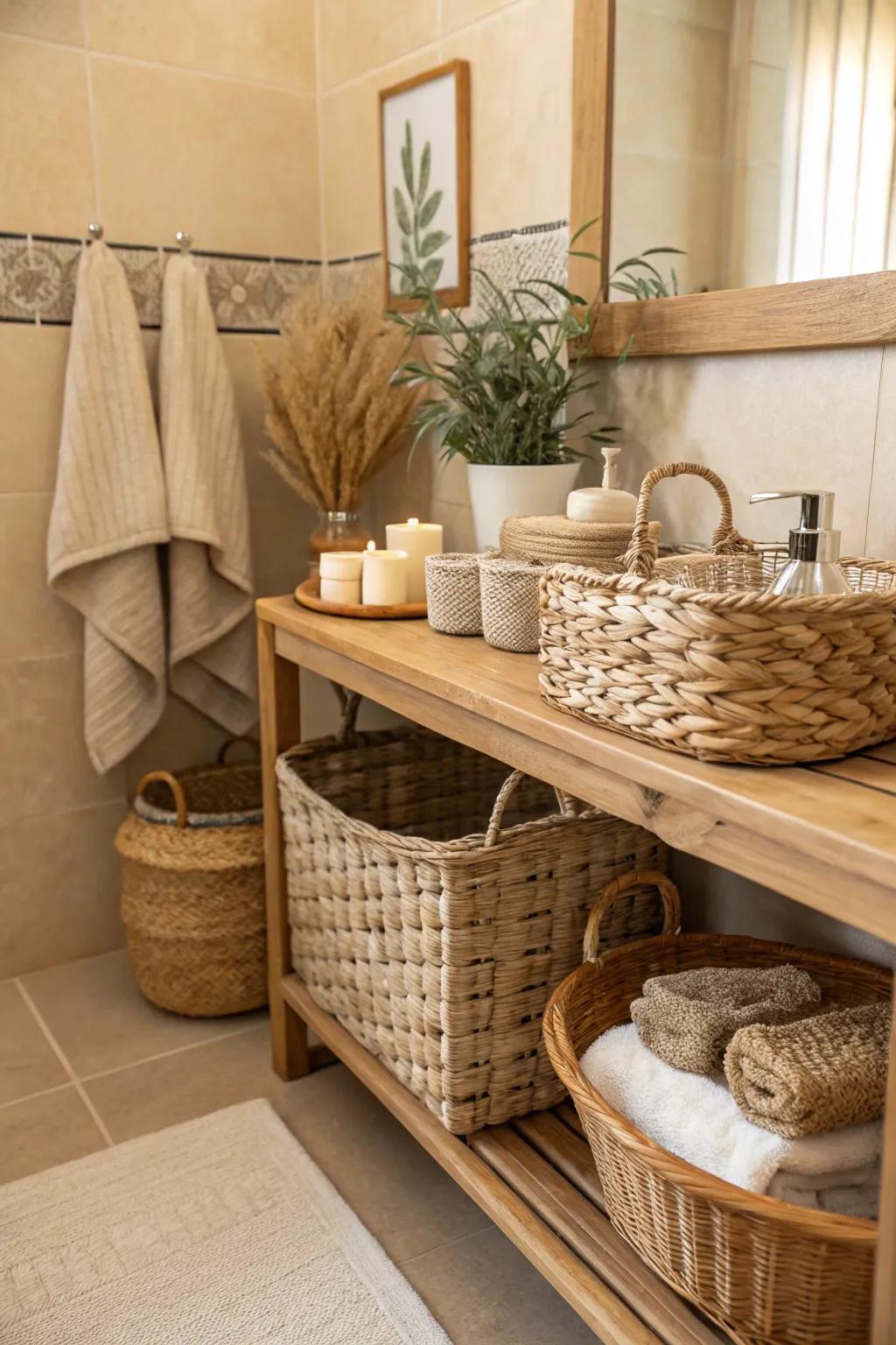 Wicker elements add texture and warmth to a beige bathroom.