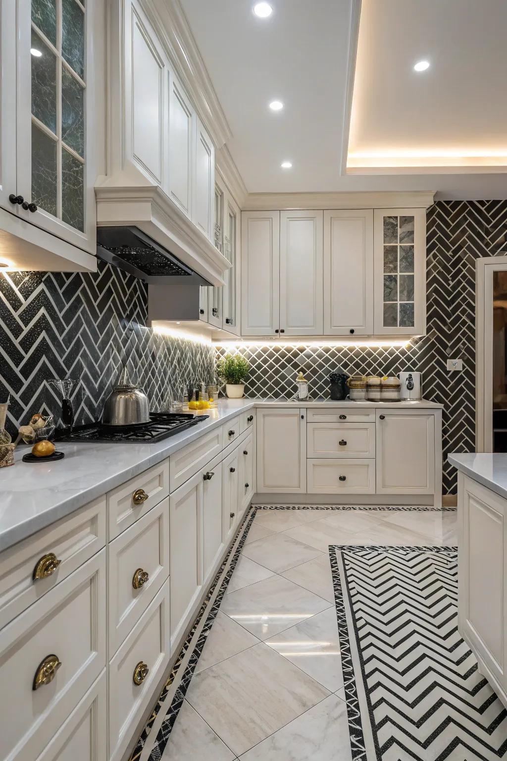 Parquet design enhances the kitchen with timeless sophistication.