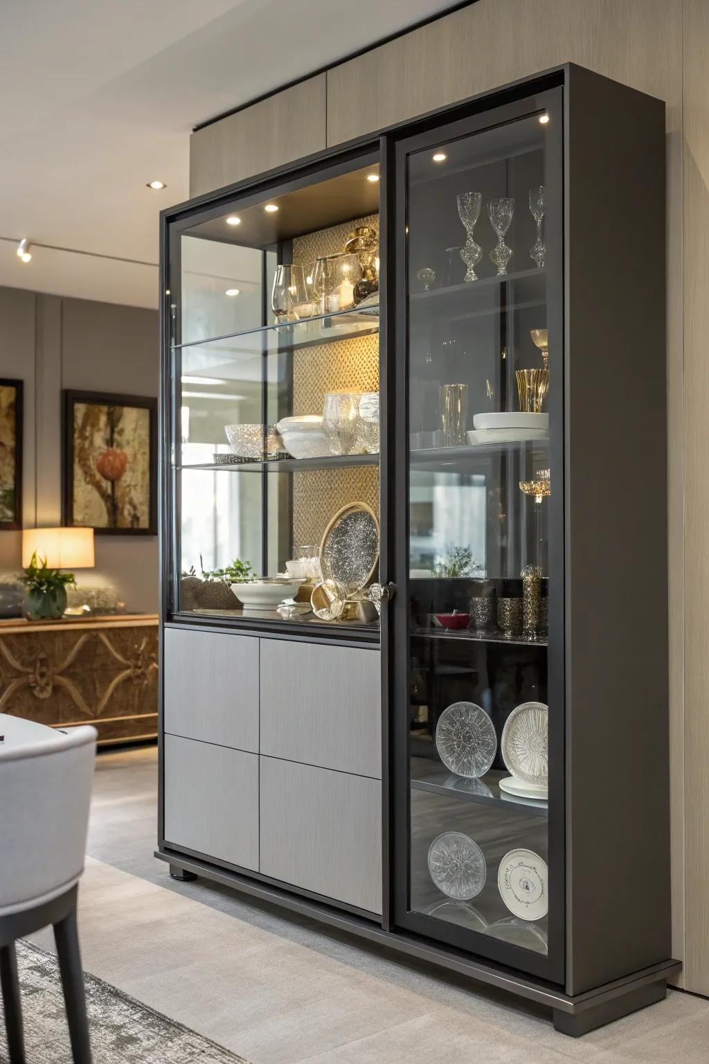 Mirrored backing inside a display cabinet for an amplified aesthetic.