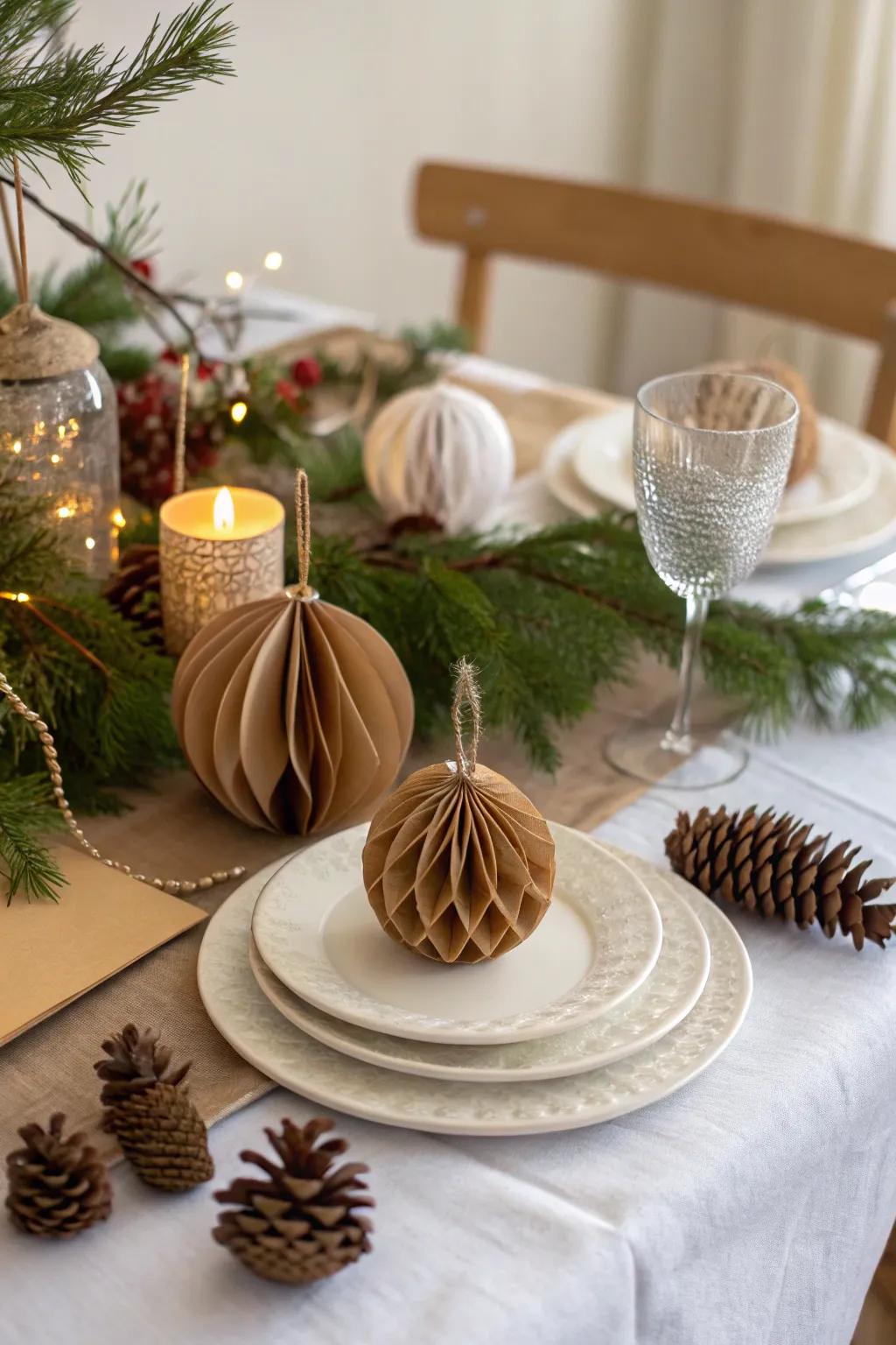An eco-motivated table setting with recycled paper ornaments.