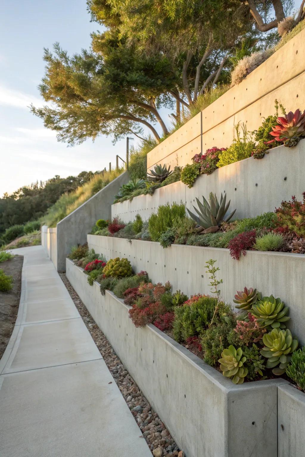 Concrete wall housing integrated planters for added verdancy.