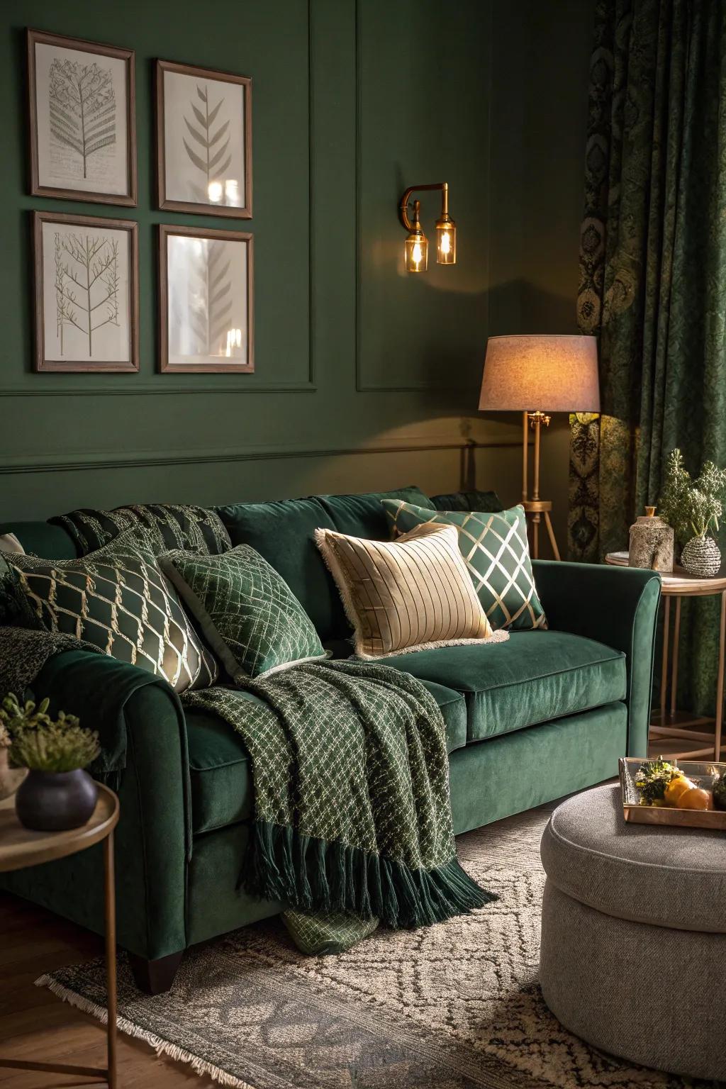 Layered textures add depth and coziness to a deep green living room.
