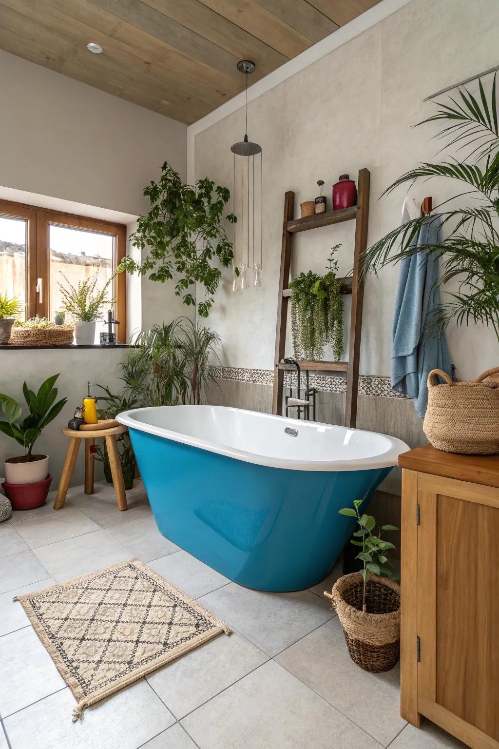 A colored soaking tub contributes an astonishing key feature to this bathroom.