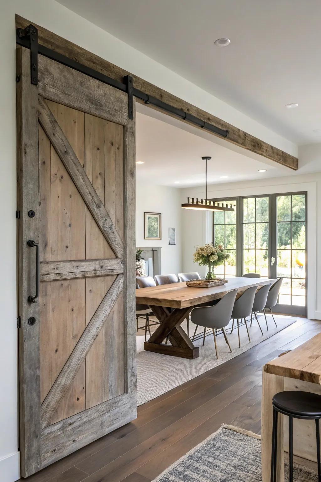 A barn door combines function with rustic charm.
