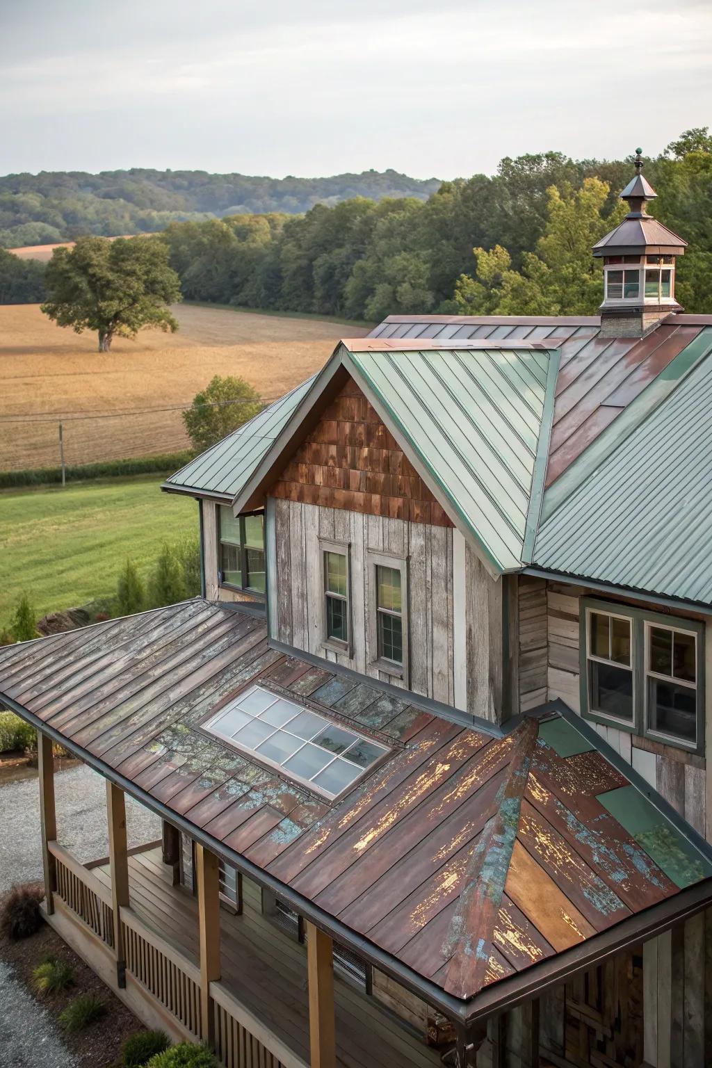 Creative textures: A farmhouse with a diverse material metal roof.