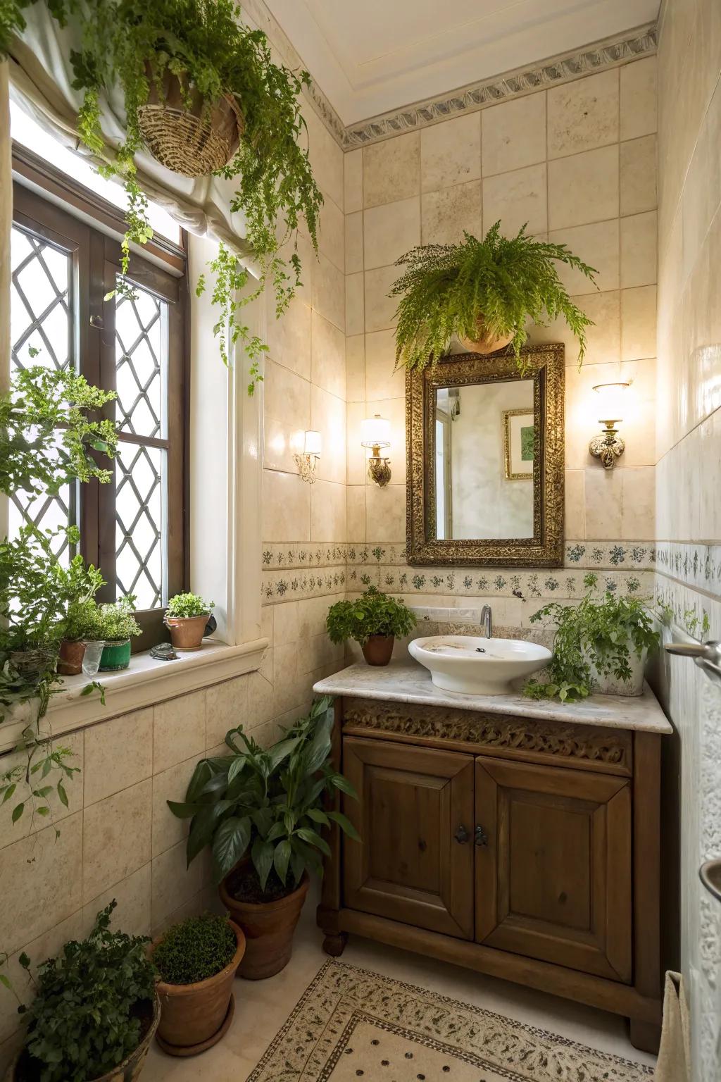 Potted plants and greenery features within a washroom.