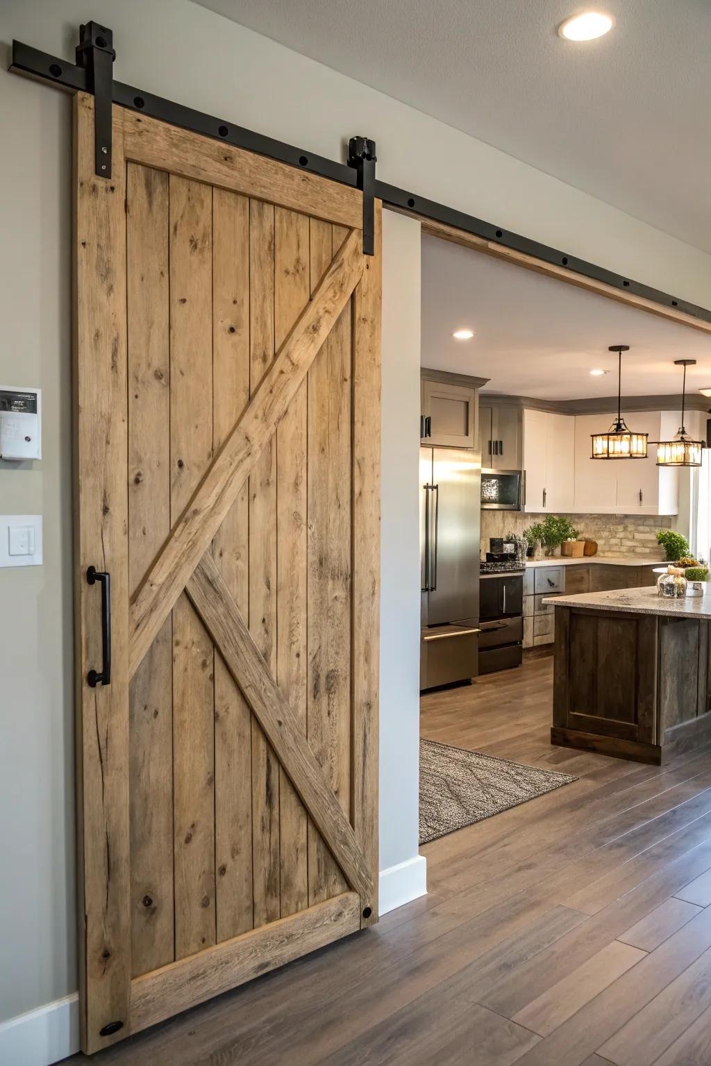 Rustic sliding barn door in a culinary space setting.