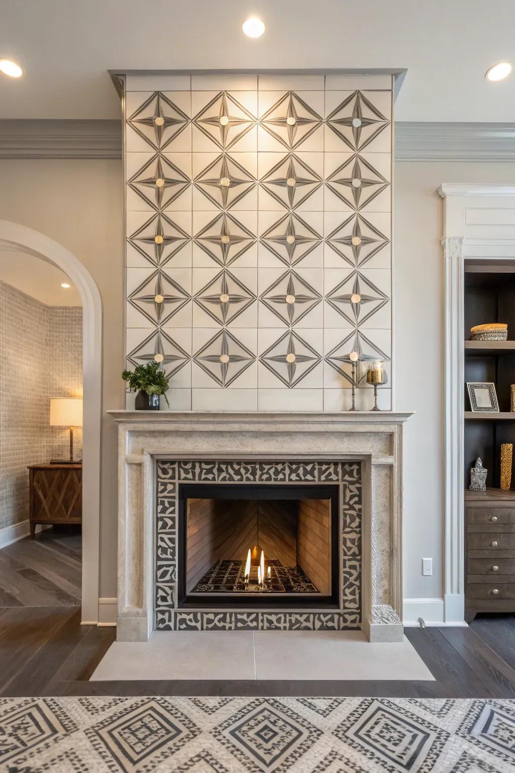 A fireplace featuring structural symmetrical piece design.