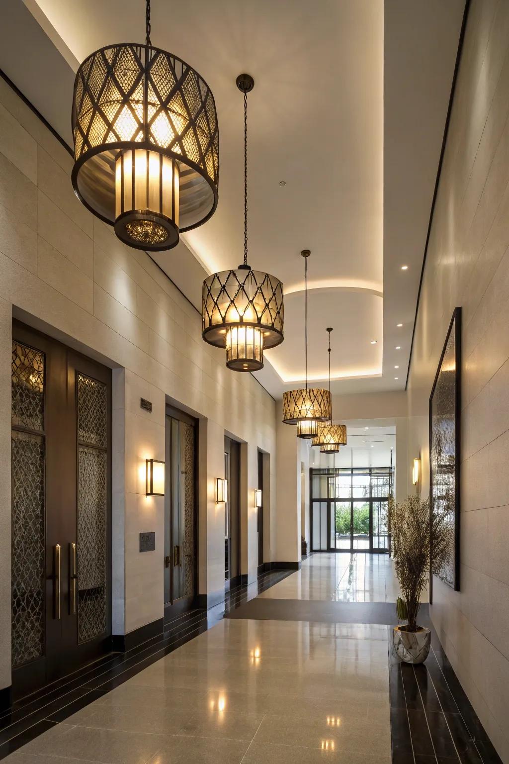 Unexpected lighting aspects bring intrigue to this contemporary entrance hall.